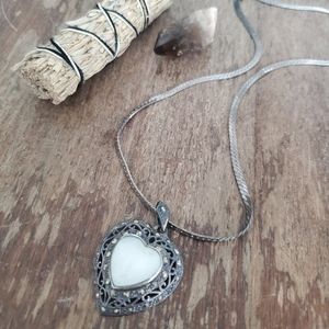 vintage sterling silver cutout filigree heart pendant herringbone chain necklace